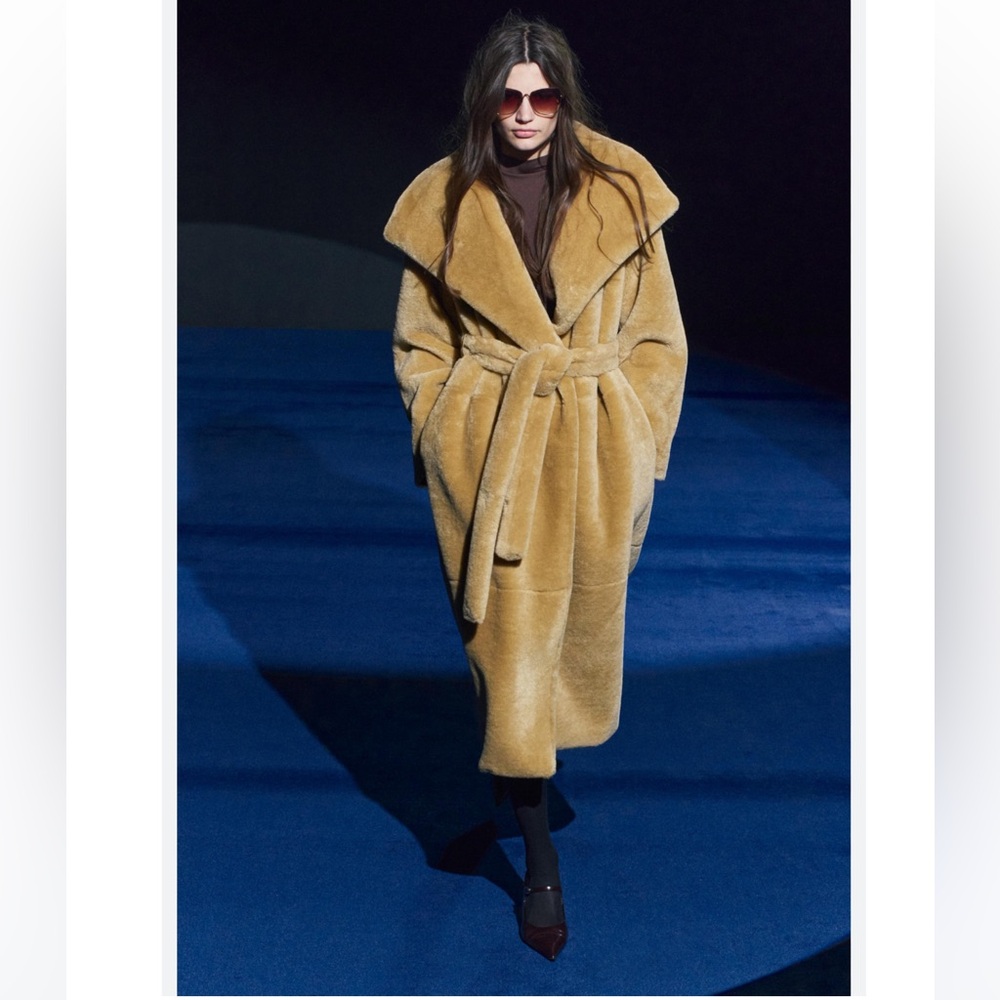 ZARA NEW WOMAN ZW COLLECTION BELTED FAUX FUR COAT BEIGE - Picture 4 of 8